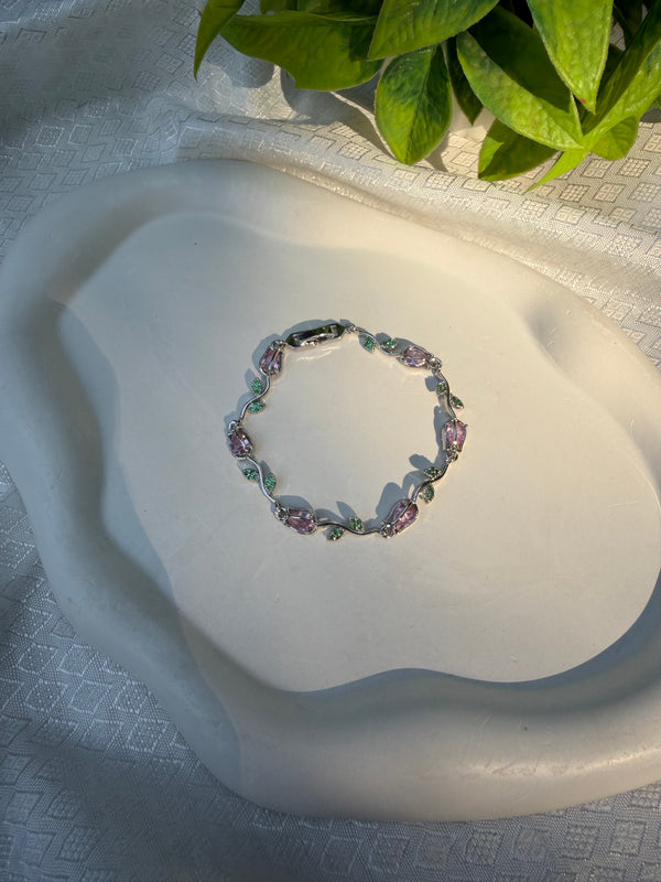 Pink Floral Leaf Bracelet – Anti-Tarnish