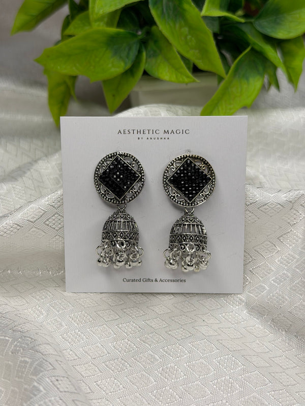 Black Stone Round Jhumka Earrings