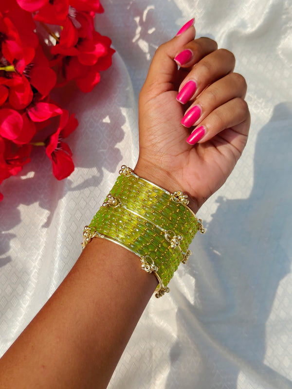 Trendy Kashmiri Glass Bangle Set with Golden Ghungroo - Mint Green