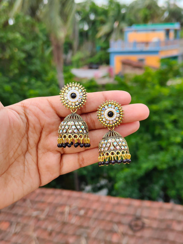 Elegant Oxidized Gold Stone-Studded Jhumka Earrings - Black