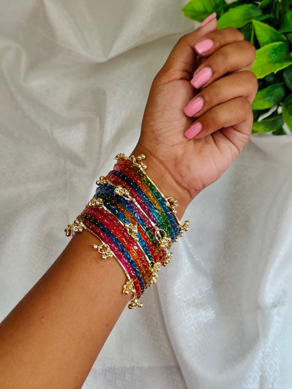 Trendy Kashmiri Glass Bangle Set with Golden Ghungroo - Multicolor