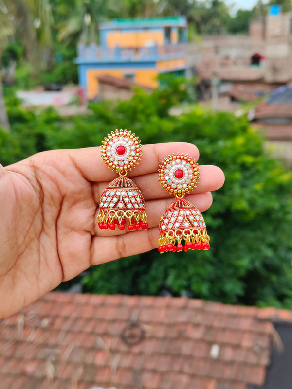 Elegant Oxidized Gold Stone-Studded Jhumka Earrings - Red