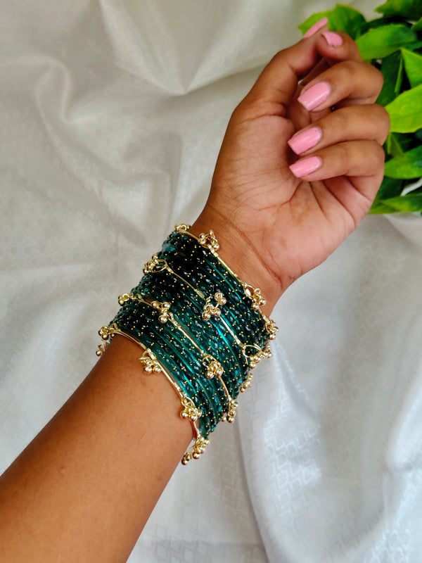 Trendy Kashmiri Glass Bangle Set with Golden Ghungroo - Emerald Green