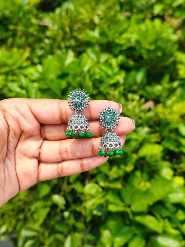 Oxidised Silver Traditional Jhumka Earrings with Green Beads