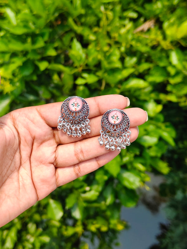 Oxidised Silver Floral Design Stud Earrings with Hanging Beads