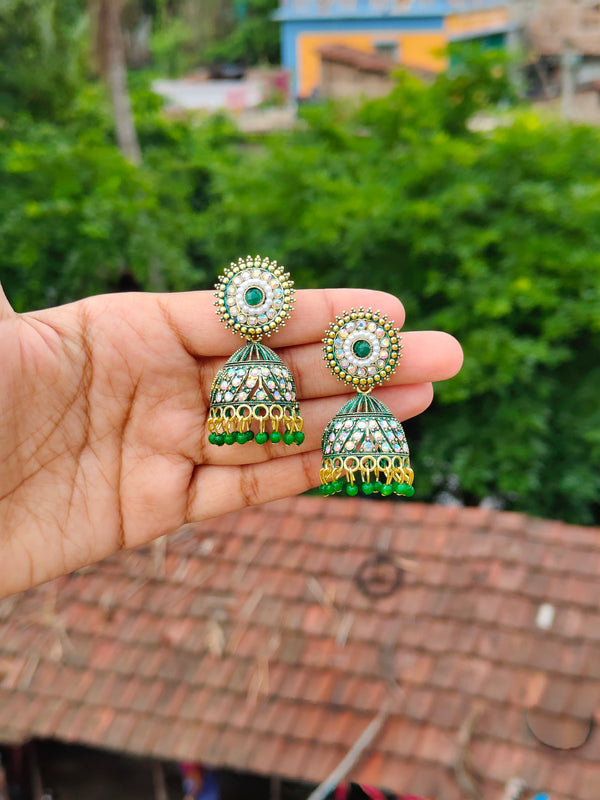 Elegant Oxidized Gold Stone-Studded Jhumka Earrings - Green