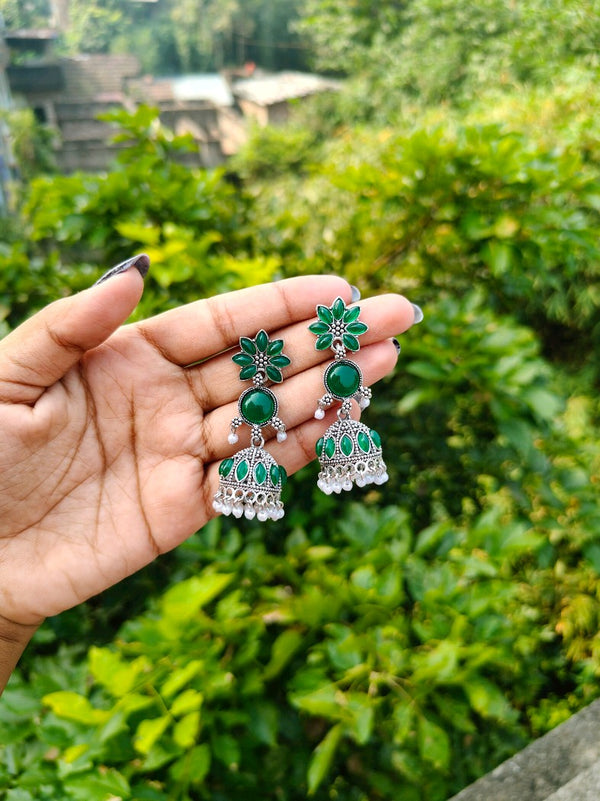 Three Step Floral Stone Studded Oxidized Jhumka with Pearl Droplets - Green