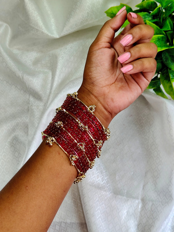 Trendy Kashmiri Glass Bangle Set with Golden Ghungroo - Maroon