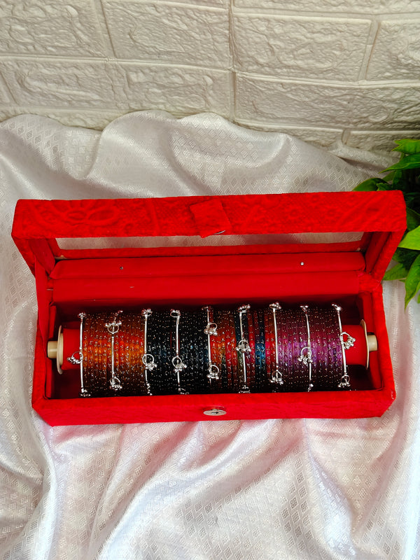 Red Velvet Kashmiri Bangles Box (Silver Ghungroo)