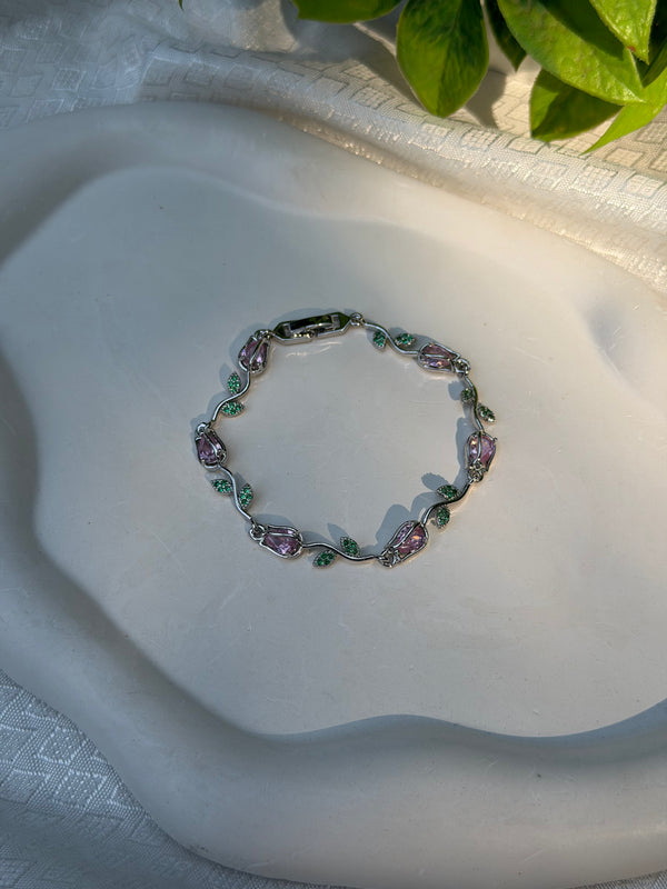 Pink Floral Leaf Bracelet – Anti-Tarnish