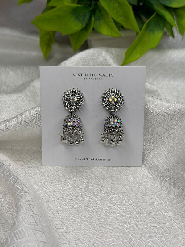Black Floral Crystal Jhumka Earrings