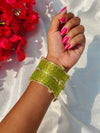 Trendy Kashmiri Glass Bangle Set with Golden Ghungroo - Mint Green