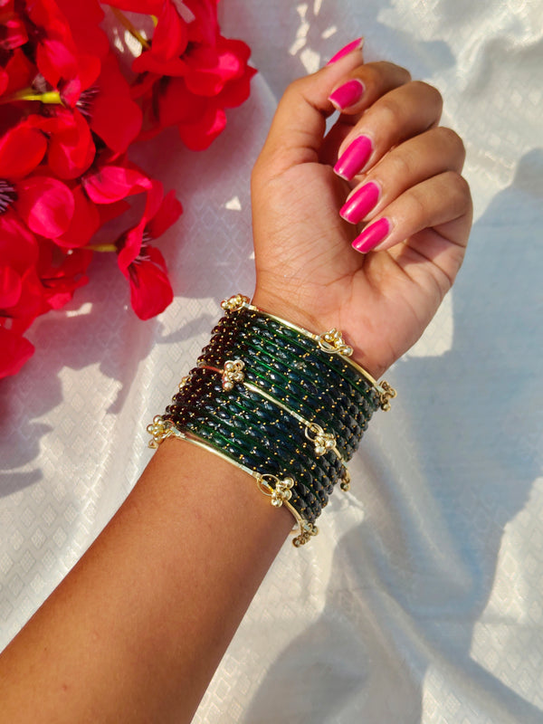Trendy Kashmiri Glass Bangle Set with Golden Ghungroo - Dark Green
