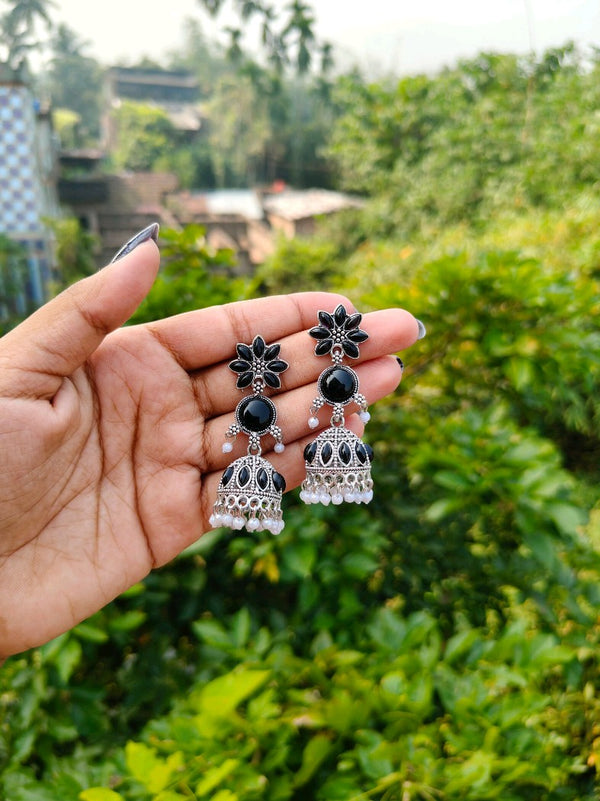 Three Step Floral Stone Studded Oxidized Jhumka with Pearl Droplets - Black