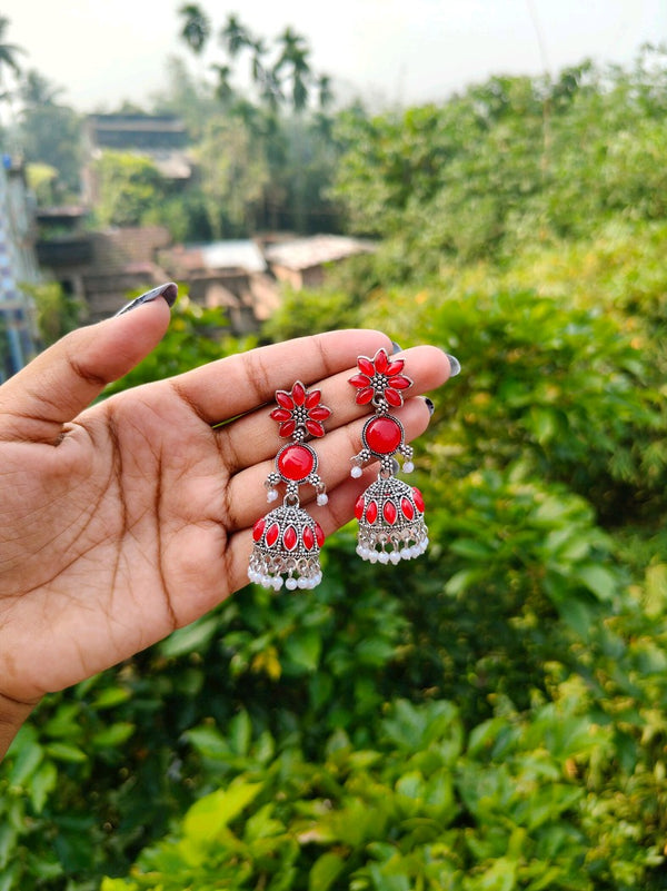 Three Step Floral Stone Studded Oxidized Jhumka with Pearl Droplets - Red
