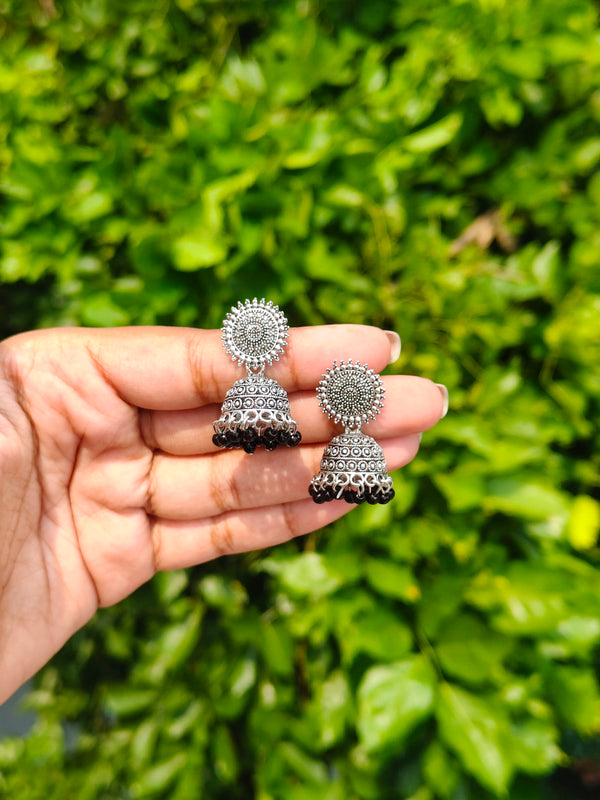 Oxidised Silver Traditional Jhumka Earrings with Black Beads